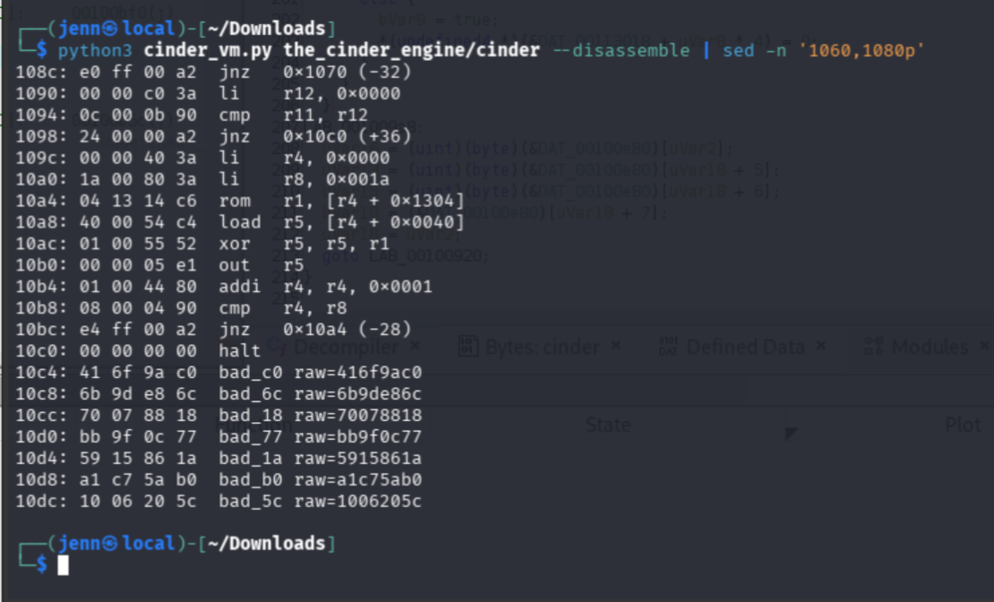 Disassembly showing target comparison and success output path